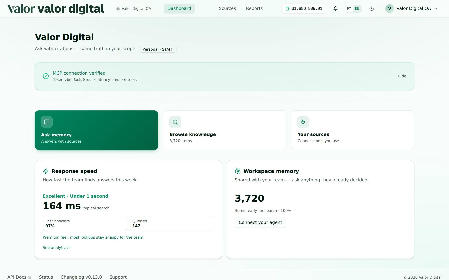 Dashboard ValorBrain: Perguntar à memória, estatísticas do workspace e conexão MCP